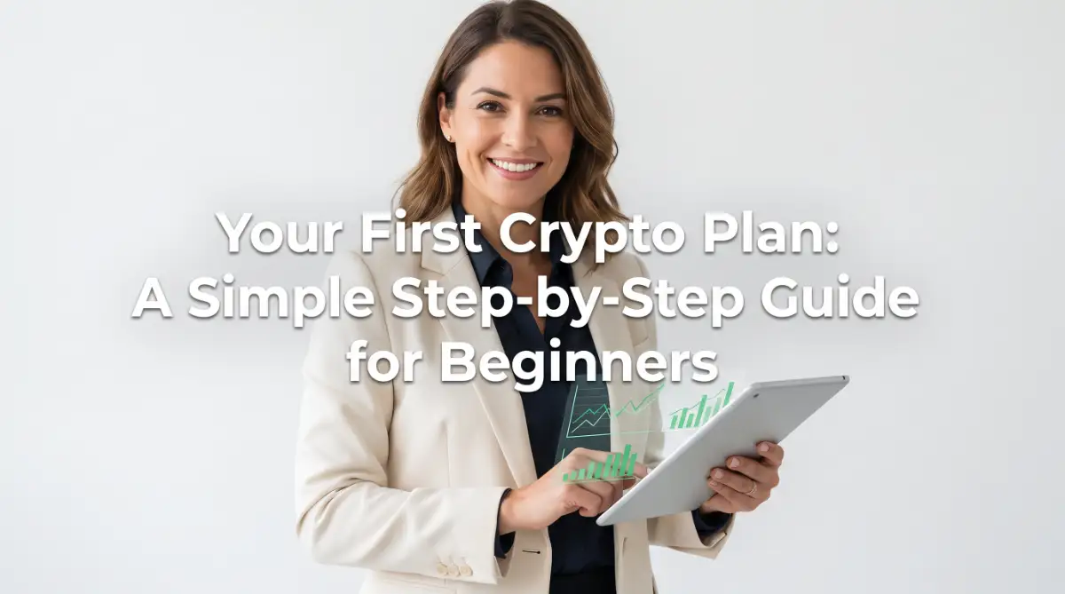 A smiling professional female model checking a green investment chart on a tablet, showing how to build your first crypto investment plan safely.