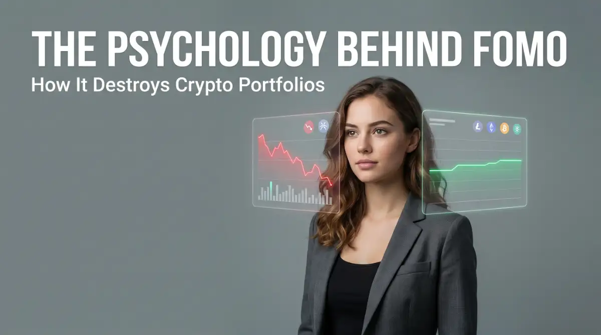 A thoughtful young female investor analyzing cryptocurrency charts, representing the psychology behind FOMO and how emotional trading destroys crypto portfolios.