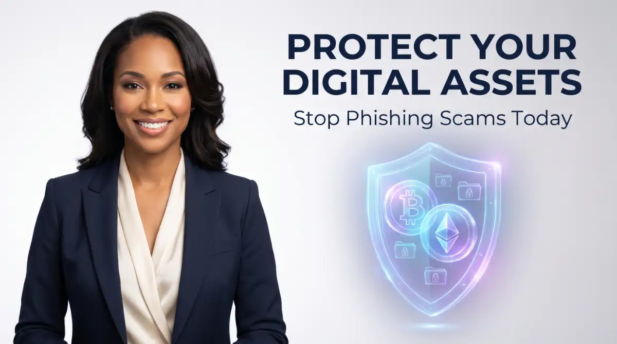 A beautiful American female model standing next to a glowing digital shield protecting cryptocurrency, highlighting how to protect digital assets from phishing scams.