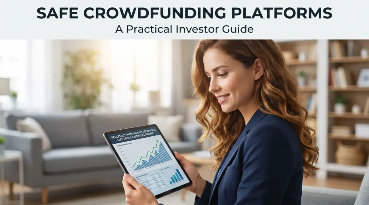 A professional American female investor analyzing secure investment options on a tablet, focusing on safe real estate crowdfunding platforms.