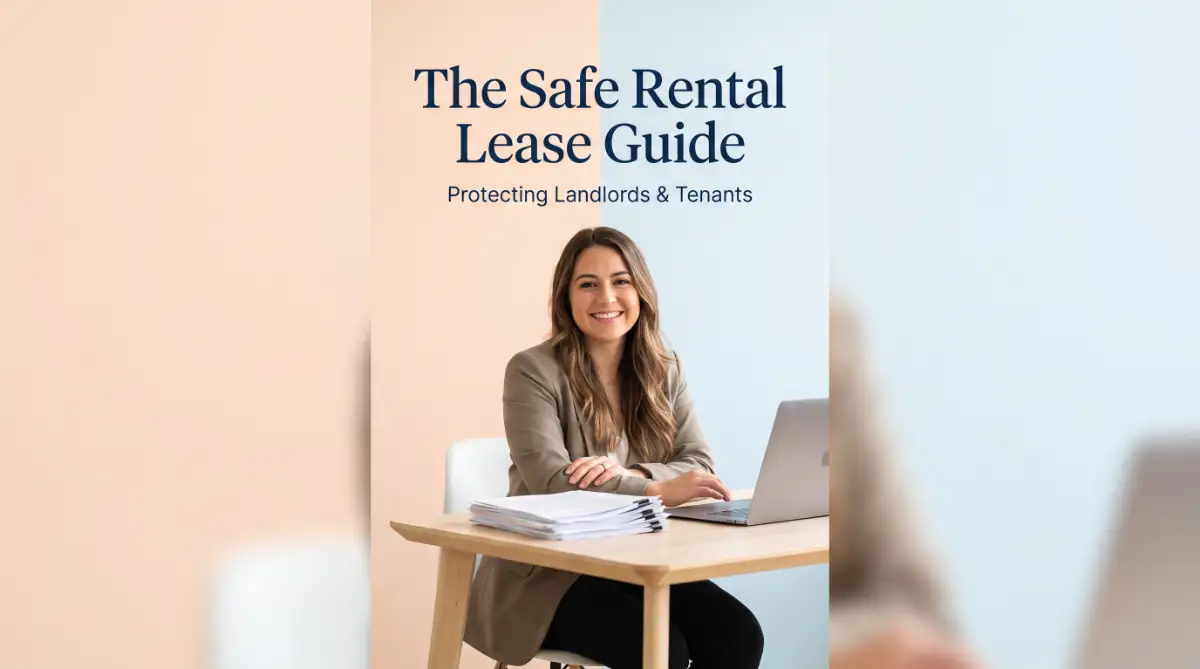 A professional American female model smiling at a modern desk with a rental lease agreement document ready for signing.