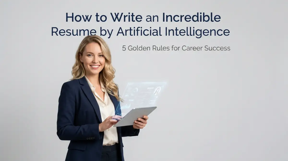 A smart American female professional holding a tablet showing an ATS friendly AI resume, illustrating how to write an incredible resume by artificial intelligence.