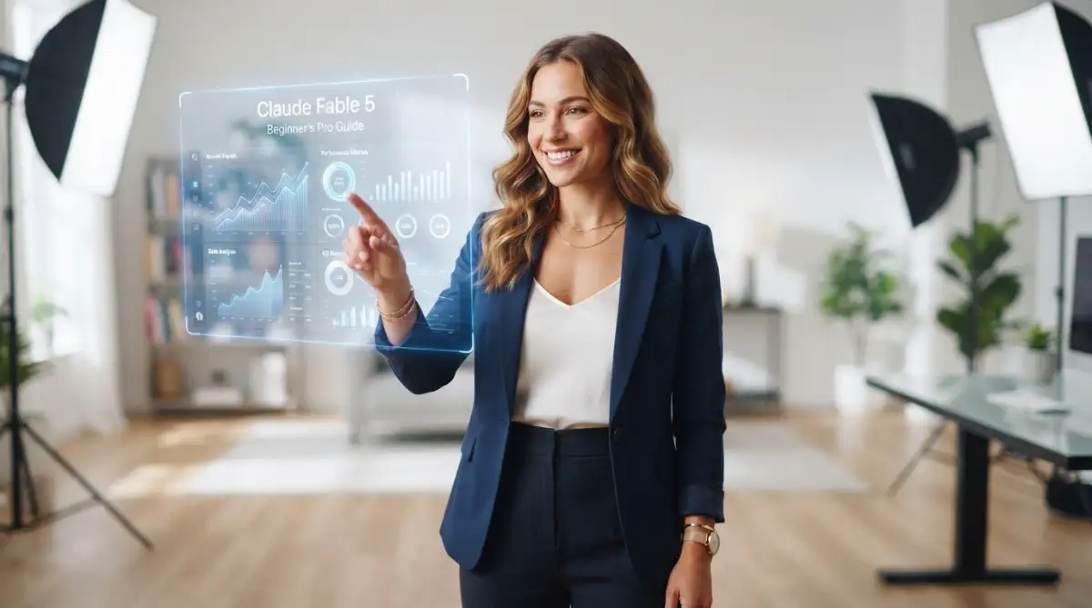 A highly professional American female model pointing at a screen showing advanced artificial intelligence workflows for Claude Fable 5 beginners.