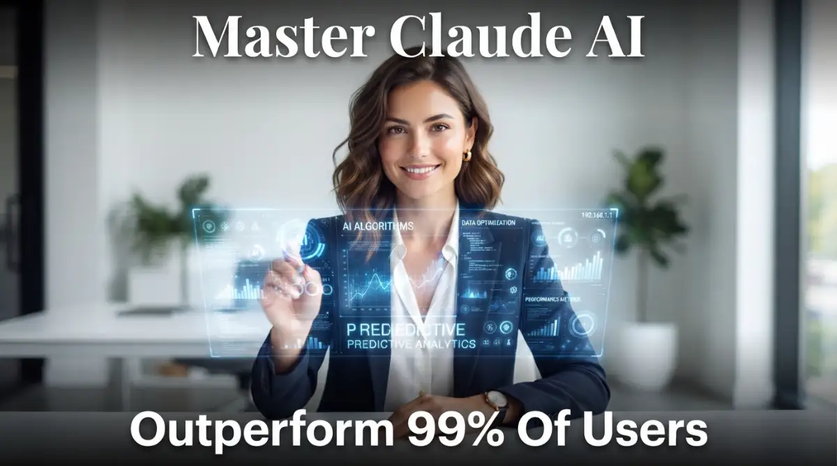 A beautiful American female model interacting with a futuristic digital interface, showcasing how to use claude better than regular users in a modern workspace environment.