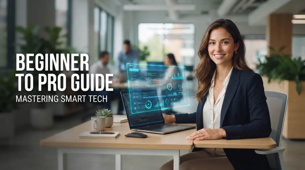 A beautiful American female model sitting at a modern desk, representing the ultimate claude ai tutorial for people looking to master smart technology.