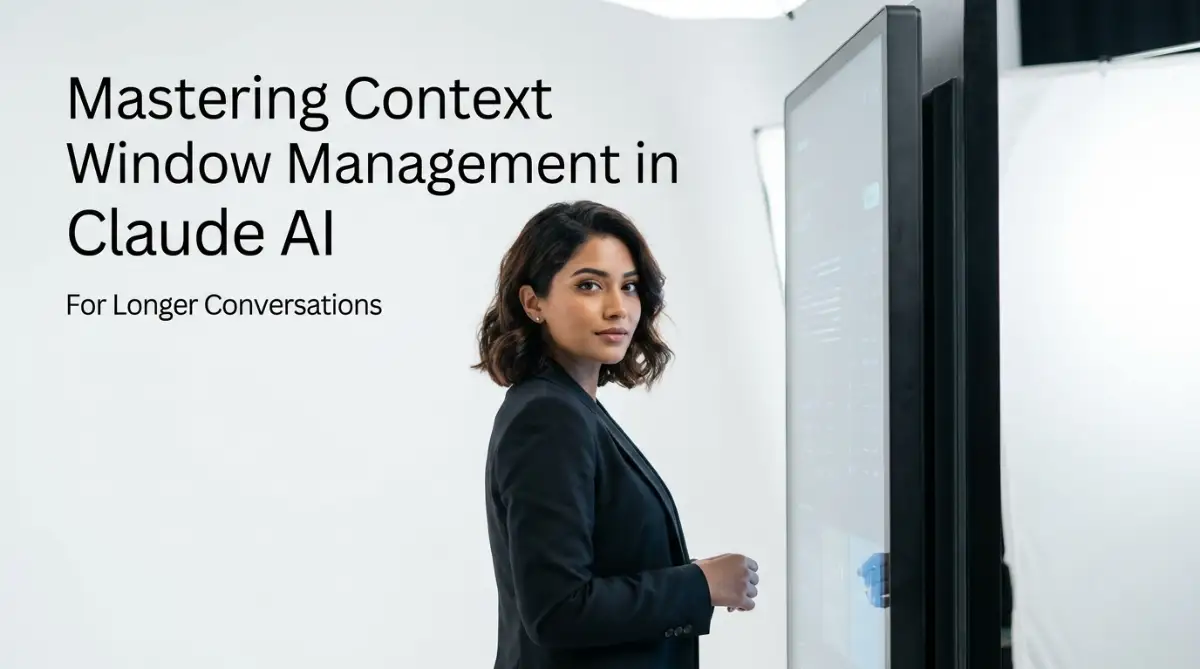 A smart American female model presenting the concept of Context Window Management in Claude AI to help users maintain memory during long conversational sessions.
