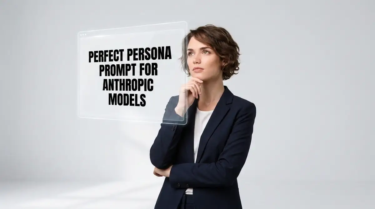 A smart young woman looking thoughtfully at a digital interface, illustrating the process of crafting the perfect persona prompt for language systems.
