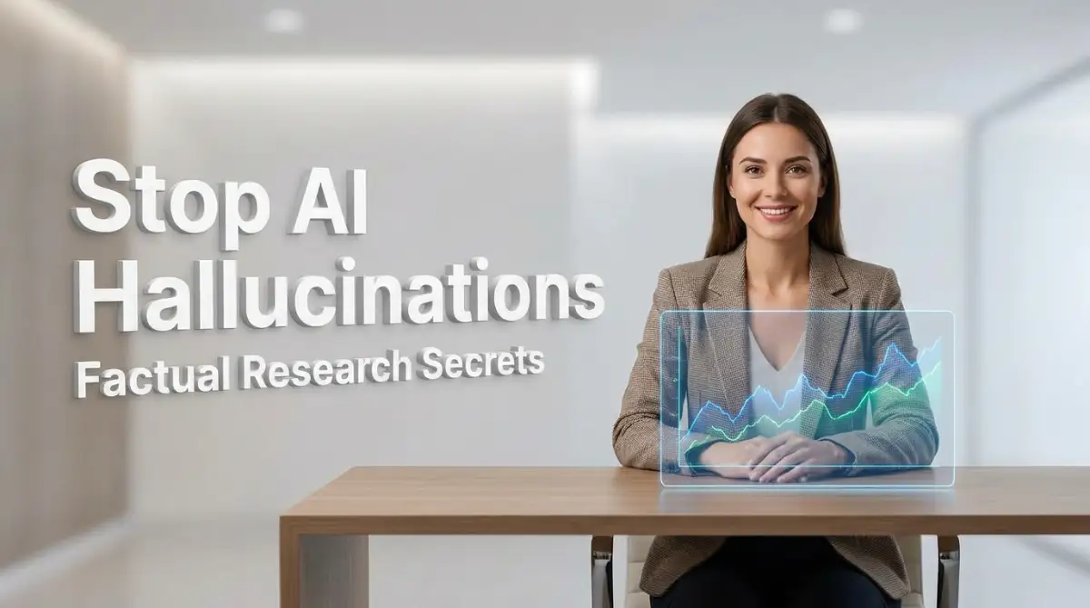 A highly professional American female model sitting at a modern desk analyzing data, representing the ultimate guide to stop AI hallucinations during deep factual research.