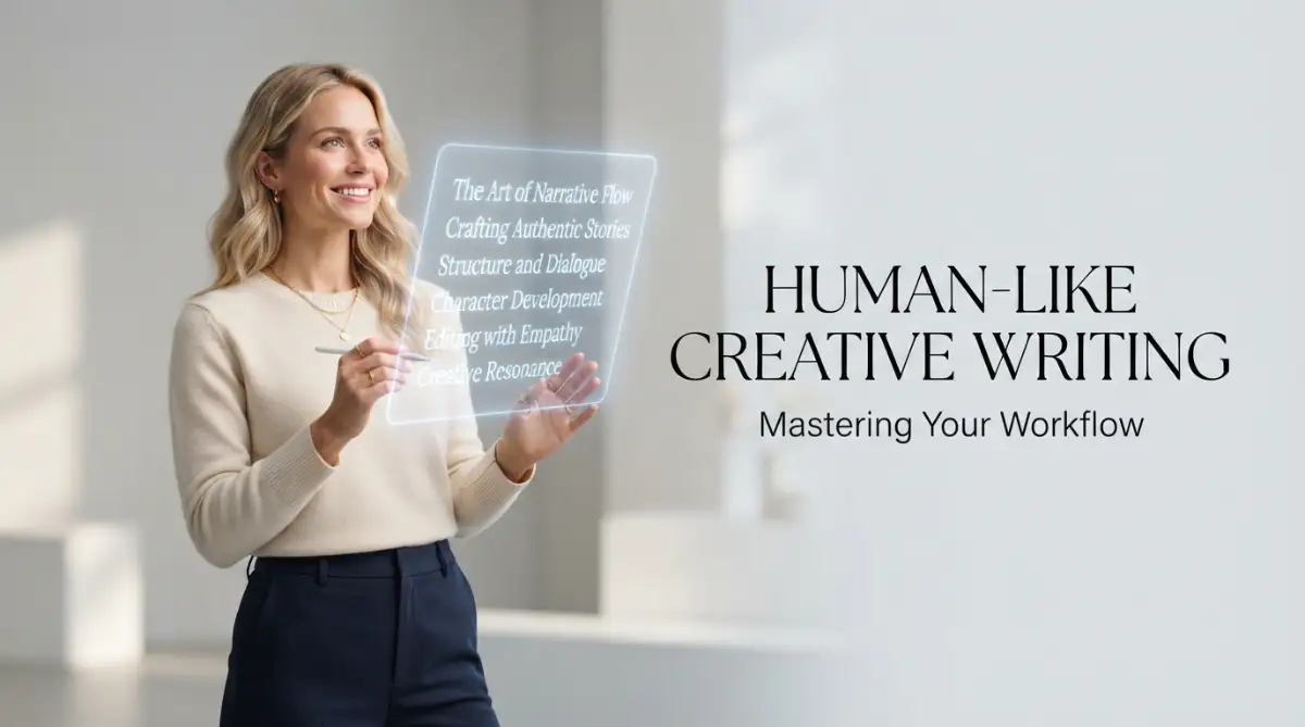 A beautiful young American female model smiling thoughtfully at a digital manuscript, representing the core concepts of human-like AI writing and organic text generation.