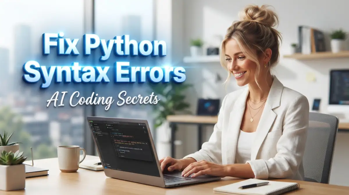 A smart female developer smiling at her laptop while successfully troubleshooting Python syntax errors with the help of modern AI debugging tools.
