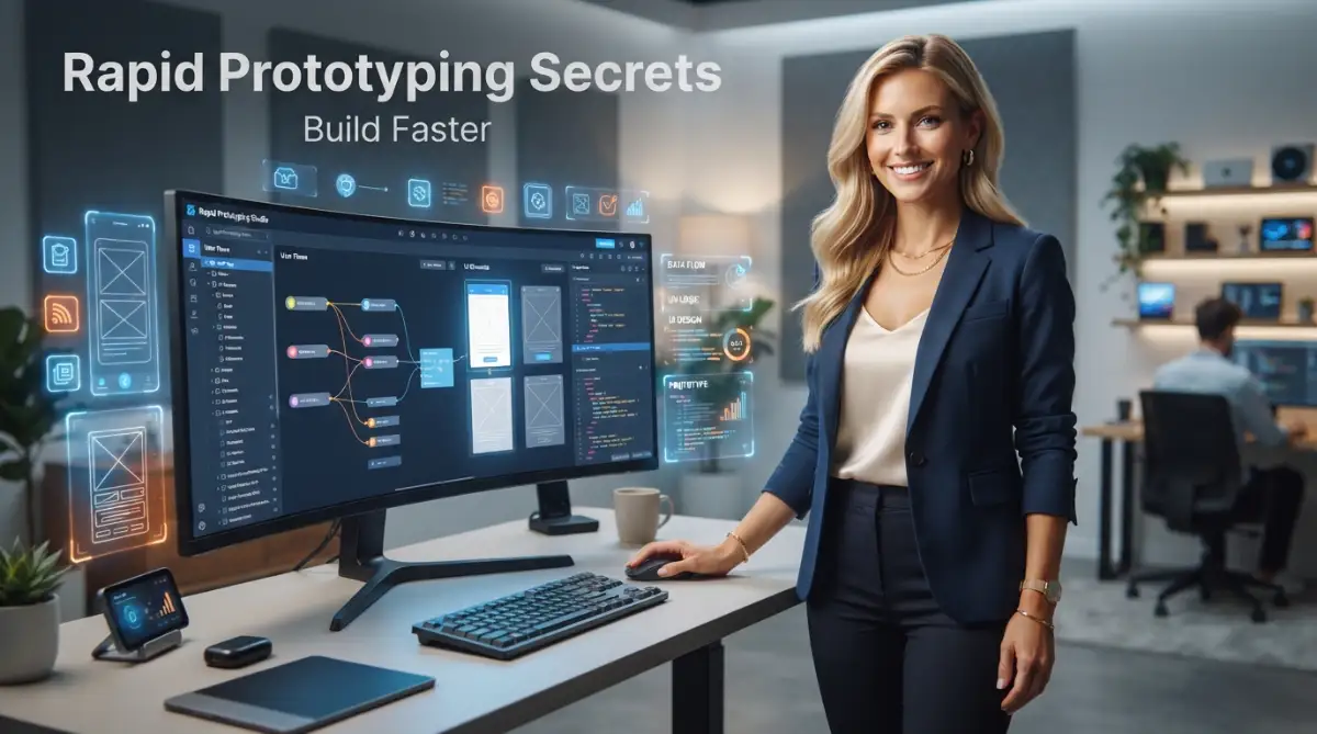 A smart American female model standing next to a computer screen showing modern rapid prototyping techniques for frontend web development.